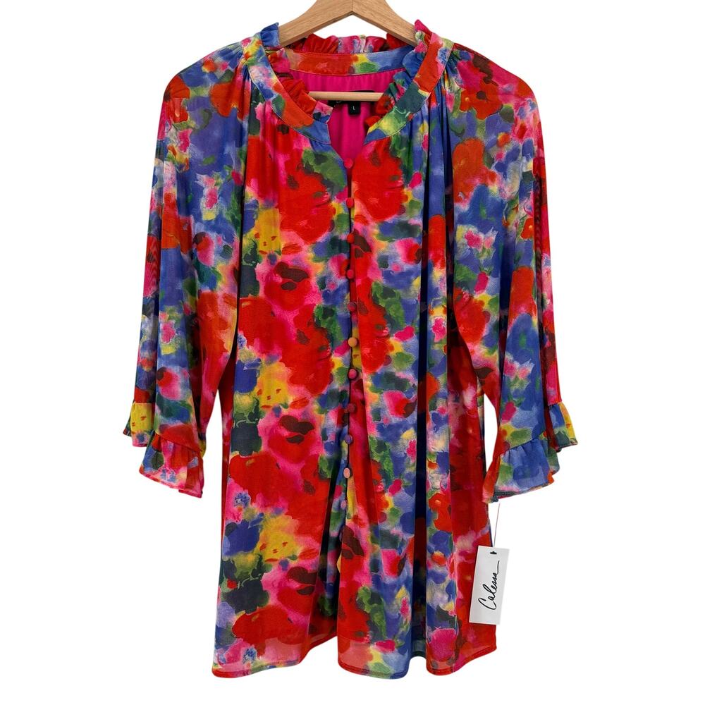 Calessa Floral Sheer Mesh Shirt Blouse Size Large Lined Watercolor Pink Blue